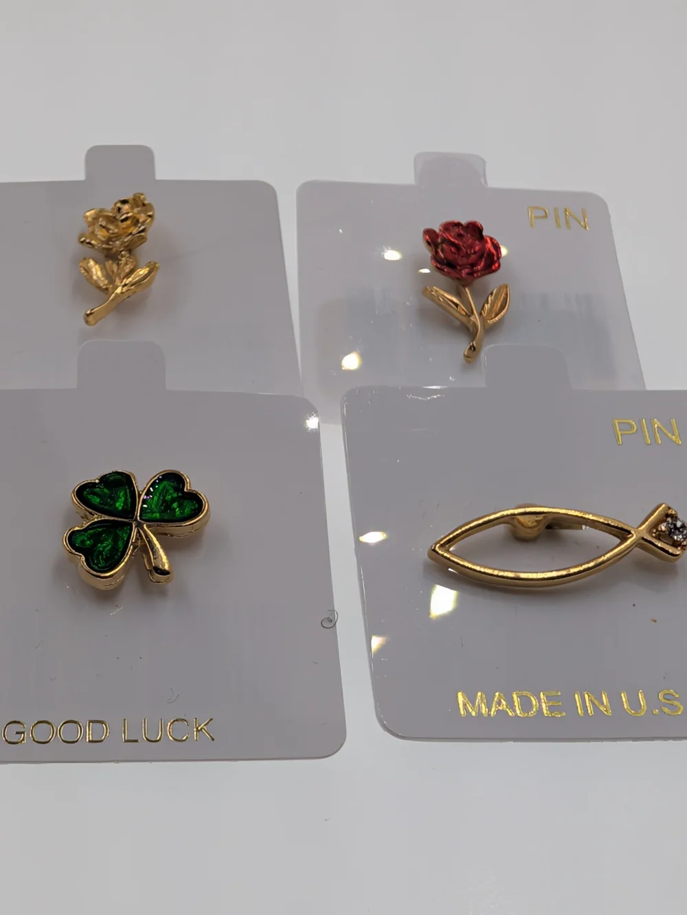 4pc Good Luck & Faith Pin Set Shamrock Rose Ichthus USA Deadstock Lot 0425